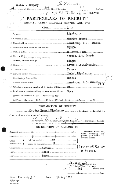 Rippington (Charles Ernest) 1918 Military Record